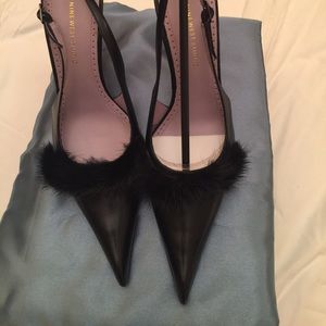 NWT Black Leather With Mink Sling Backs Size 6.5